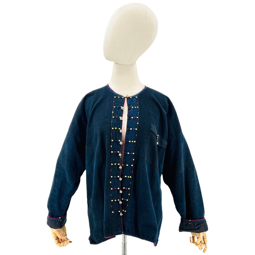 Vintage 90s Indigo Blue Handwoven Cotton Silver Toggle Thai Artisan Jacket
